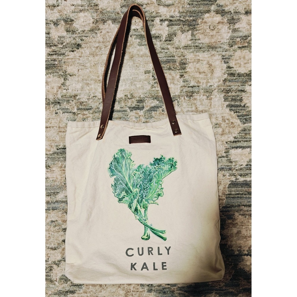 Smith & Hawken Canvas Market Tote Leather Handles Multi Pocket Curly Kale